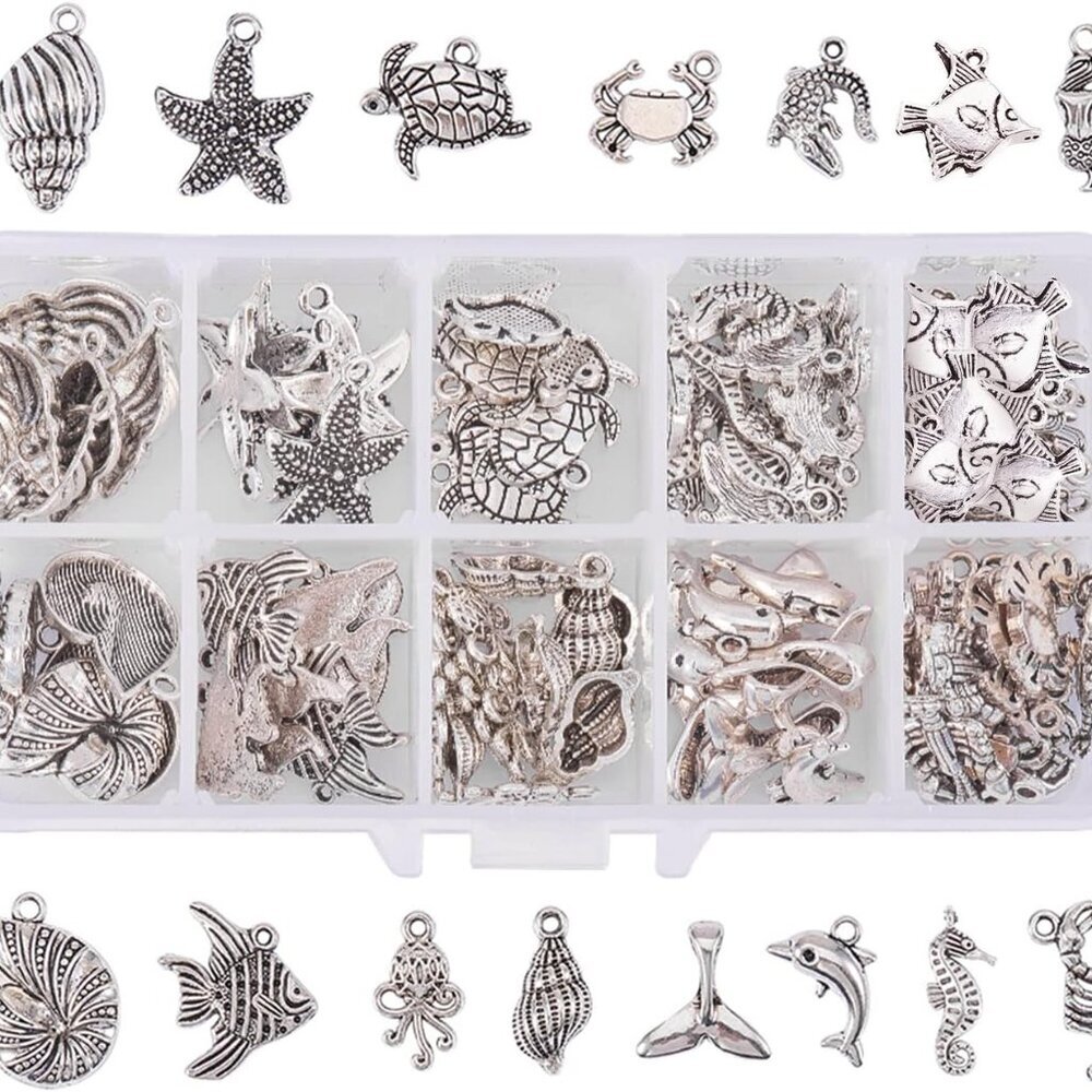 90pcs 15 Style Ocean Fish Charms Tibetan Seashell Marine Pendants Antique Silver